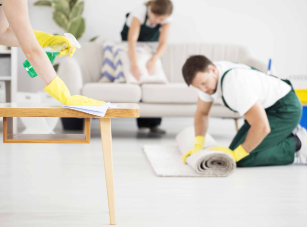 Professional move in and out cleaning team preparing a clean Livingroom